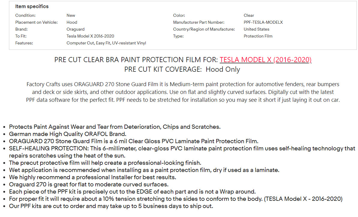 Stone Guard Paint Protection Film Clear Bra PPF For Tesla Model X 16-20 Hood