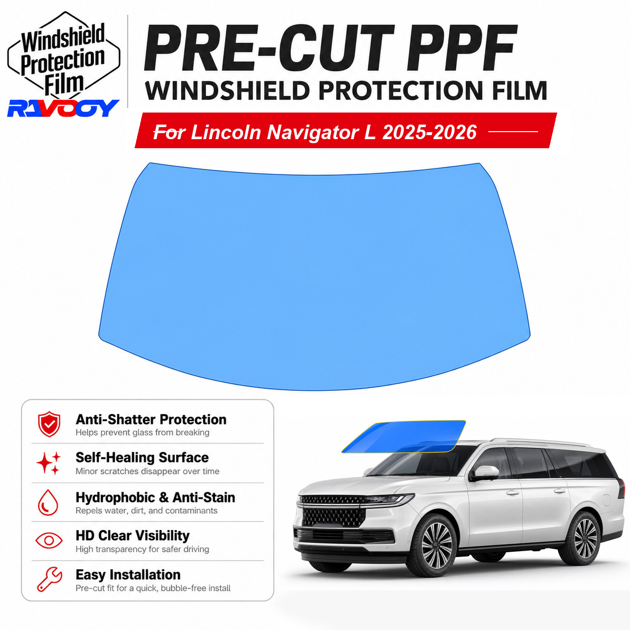 PreCut Windshield Protection Film Clear Bra For Lincoln Navigator L 2025-2026