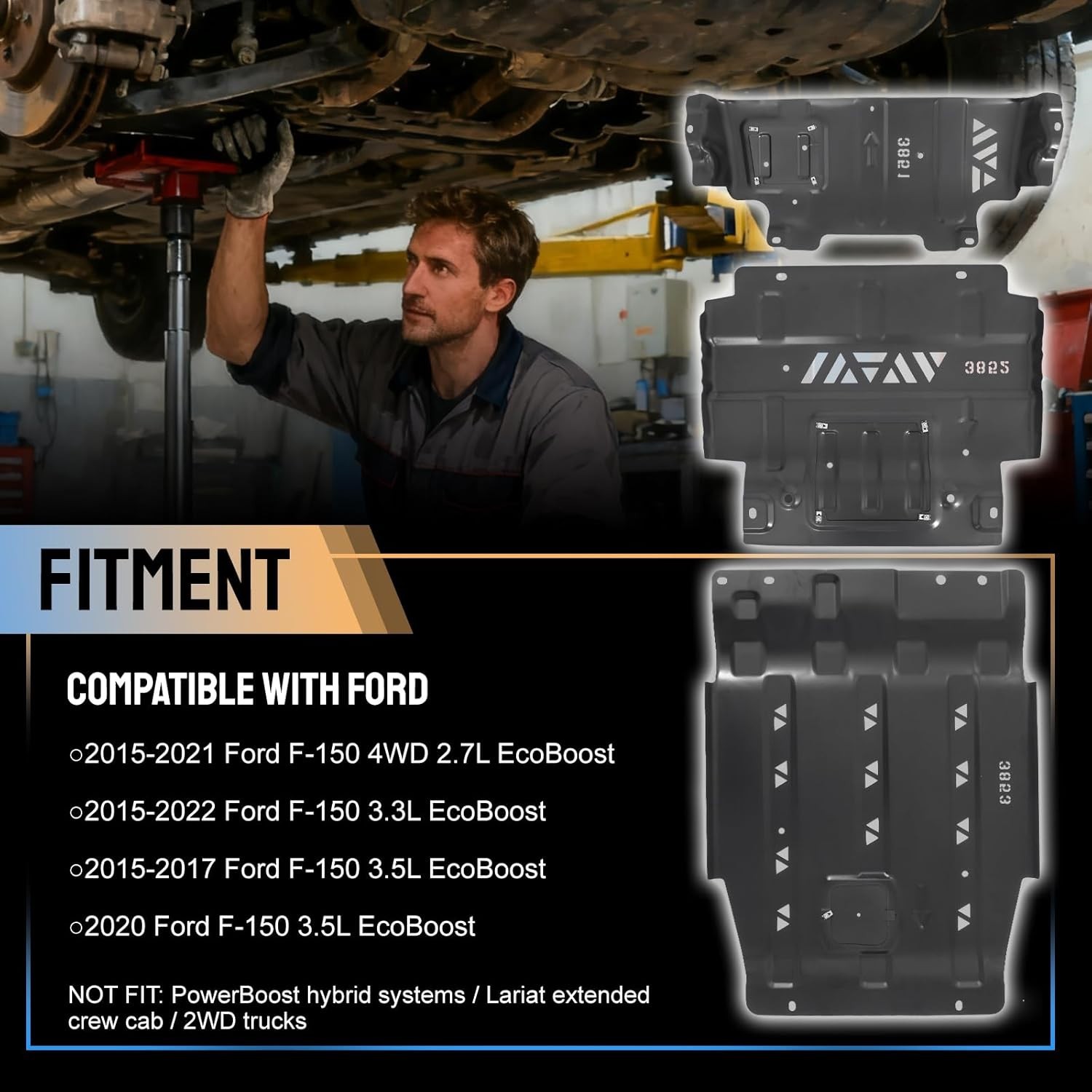 Full Skid Plate Package with Front Transmission Skid Plate For 2015-22 Ford F150