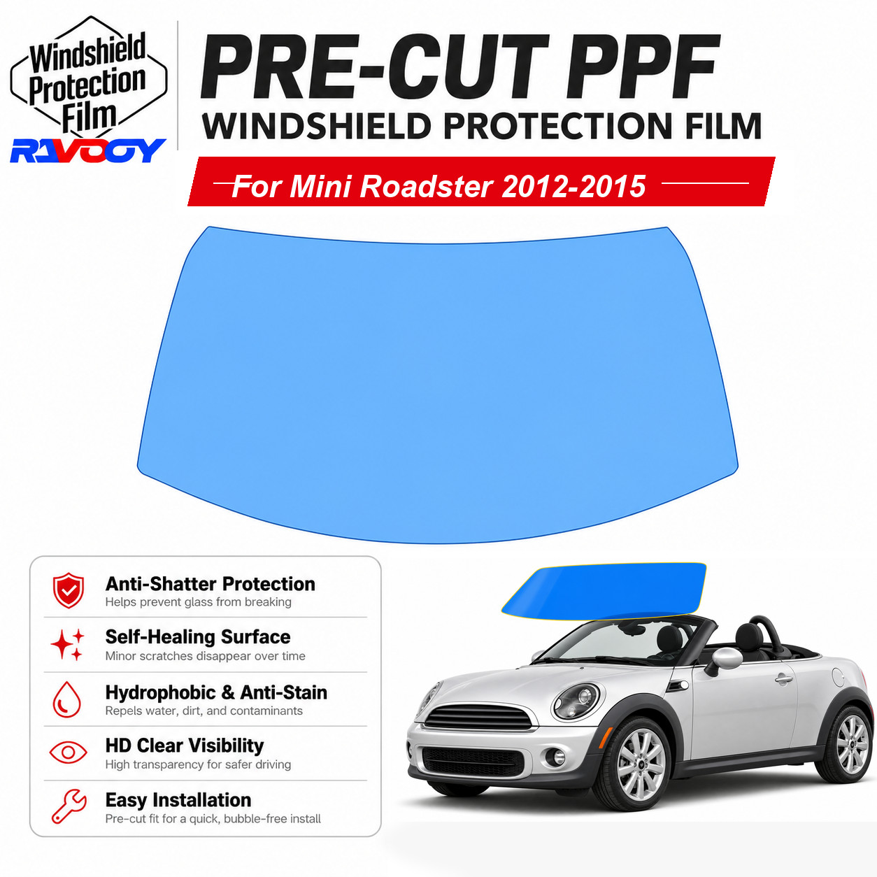 PreCut Front Windshield Protection Film Clear Bra For Mini Roadster 2012-2015