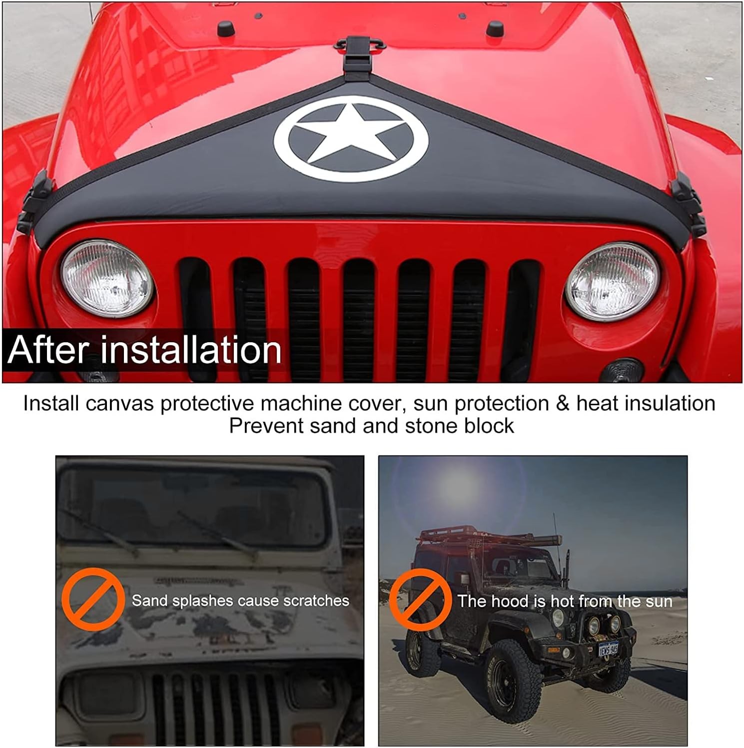 Front Hood Cover Bra Protector T-Style for Jeep Wrangler JK JKU 2007-2018 (Star)