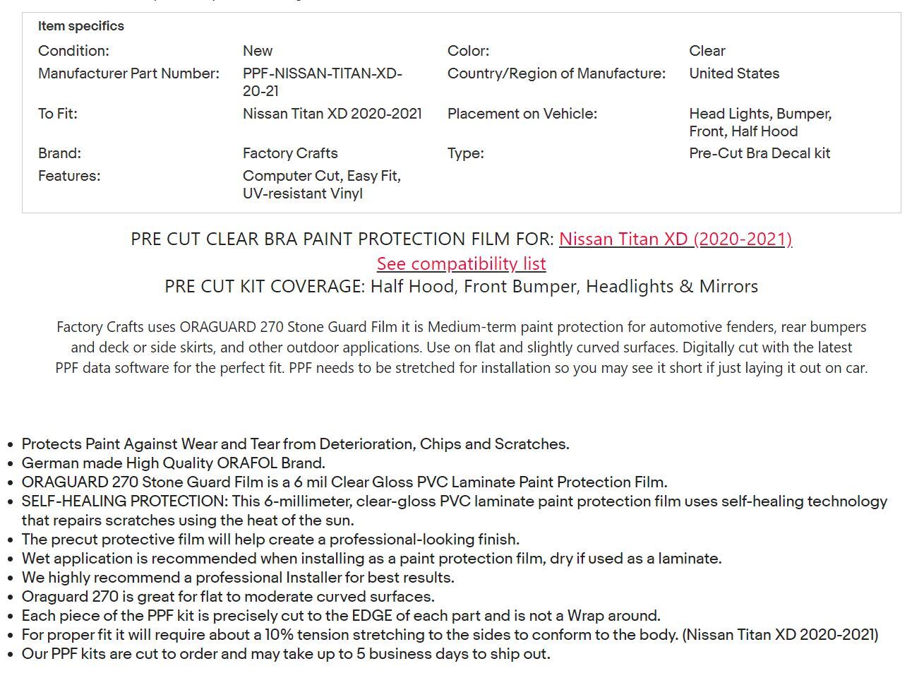 Stone Guard Paint Protection Film Clear Bra PPF For Nissan Titan XD 20-21 FBHLK