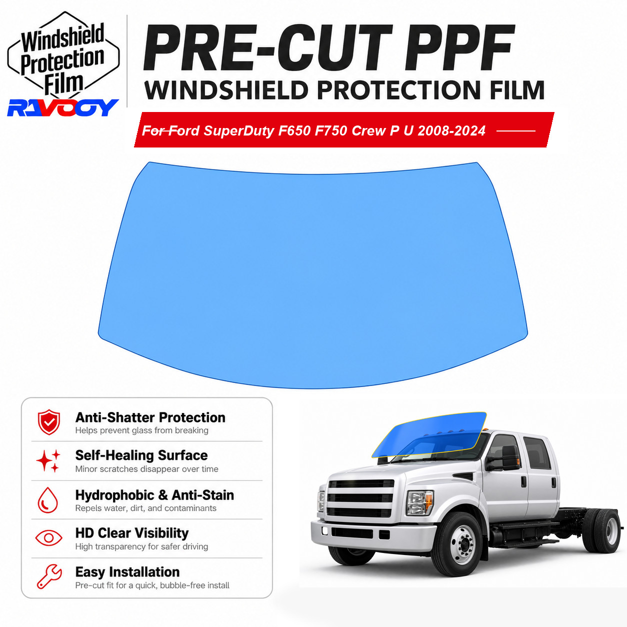PreCut Windshield Film Clear Bra For Ford SuperDuty F650 F750 2008-2024