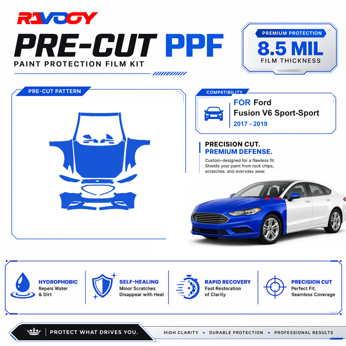 Precut PPF Clear Bra Kit For Ford Fusion V6 Sport-Sport 2017-2019