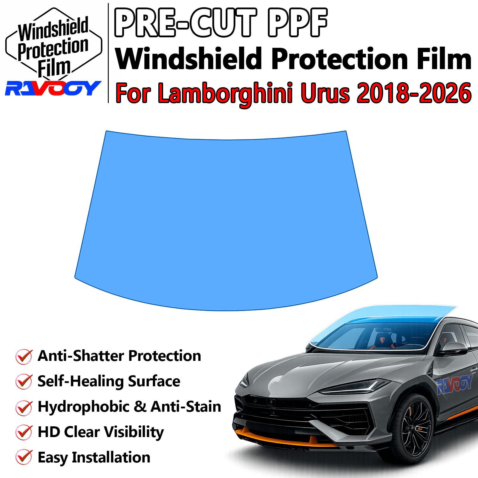 PreCut Front Windshield Protection Film For Lamborghini Urus 2018-2026