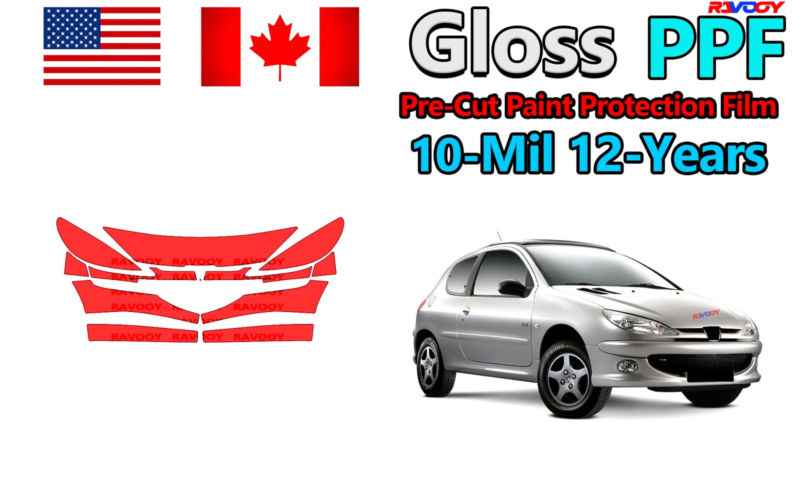 10mil Gloss PreCut PPF Paint Protection Film For Peugeot 206 XR 2008-2008