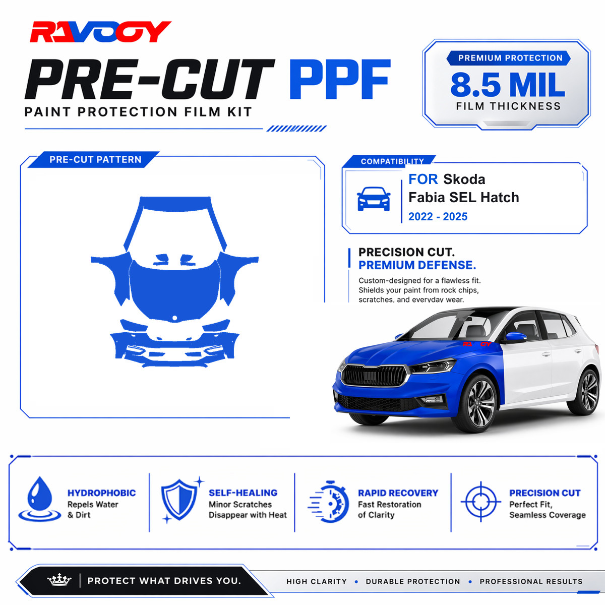 Precut PPF Clear Bra Kit For Skoda Fabia SEL Hatch 2022-2026 8.5mil Self-Healing