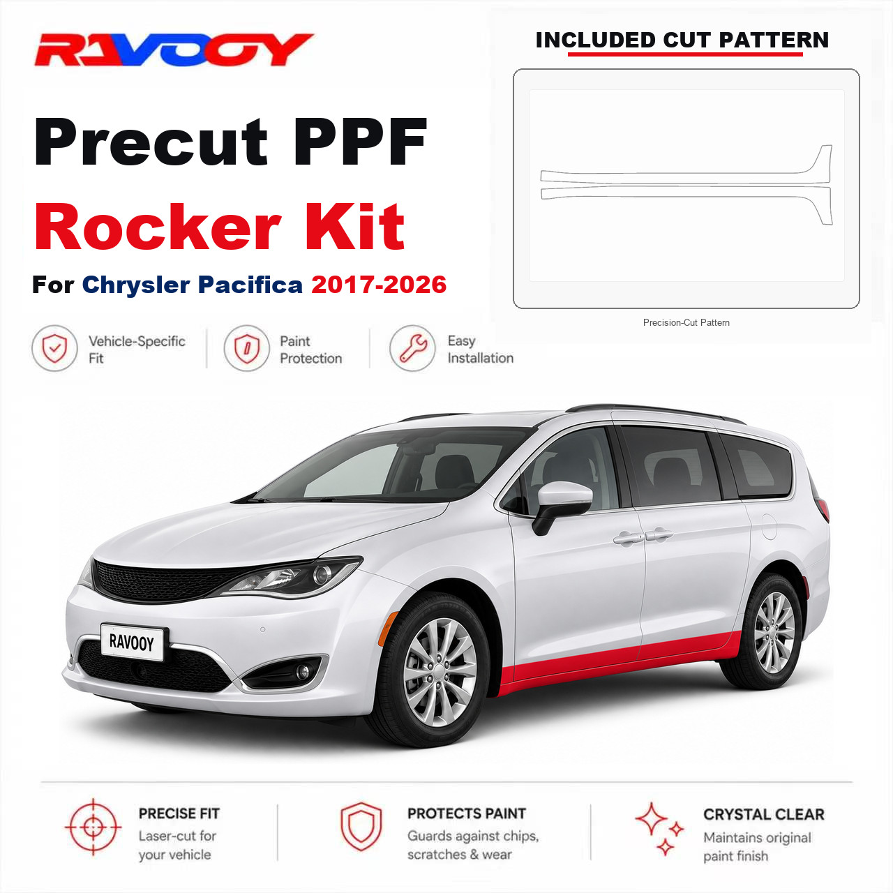 Precut PPF Rocker Panel Kit Clear Bra 8.5mil TPU For 2017-2026 Chrysler Pacifica