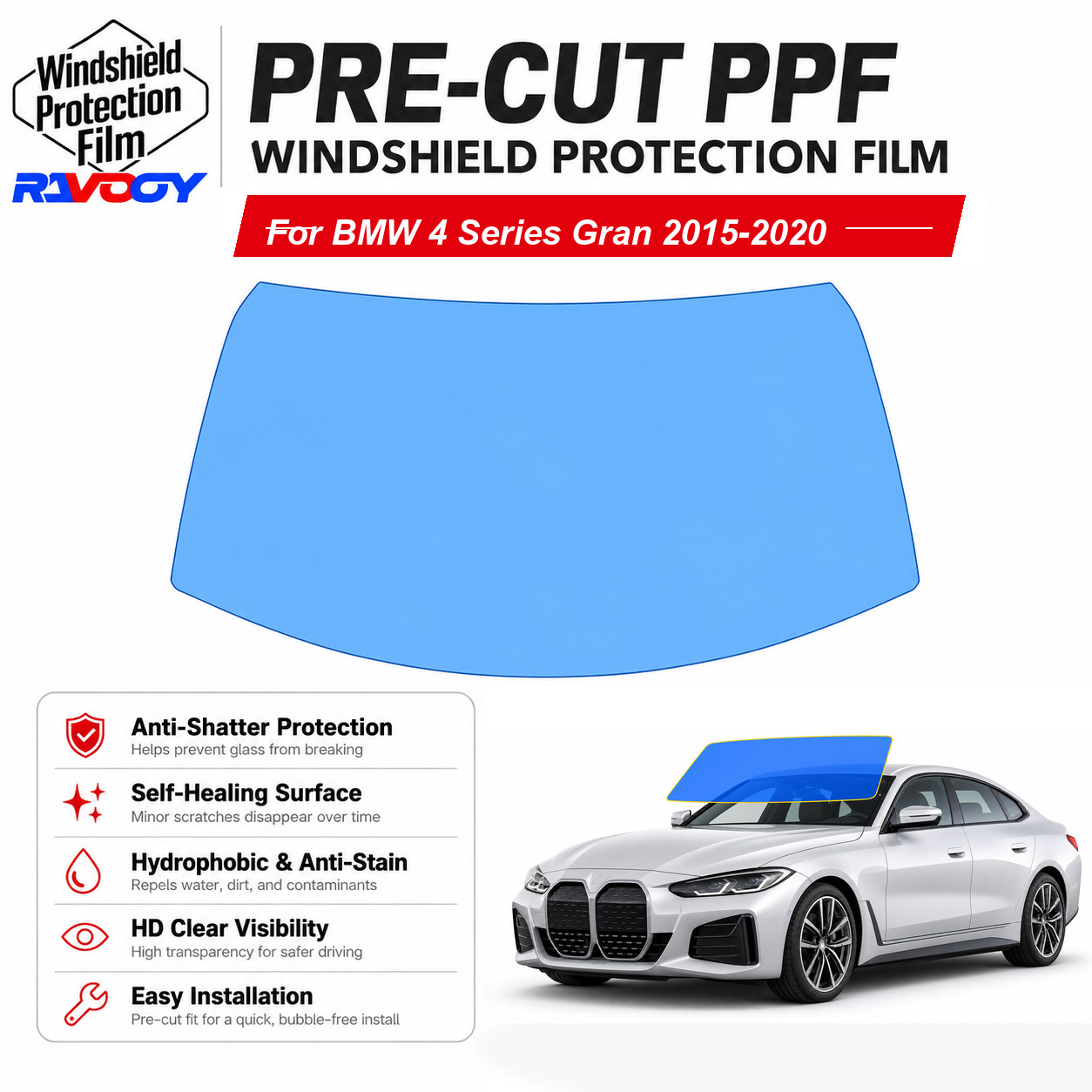 PreCut Windshield Protection Film Clear Bra For BMW 4 Series Gran 2015-2020
