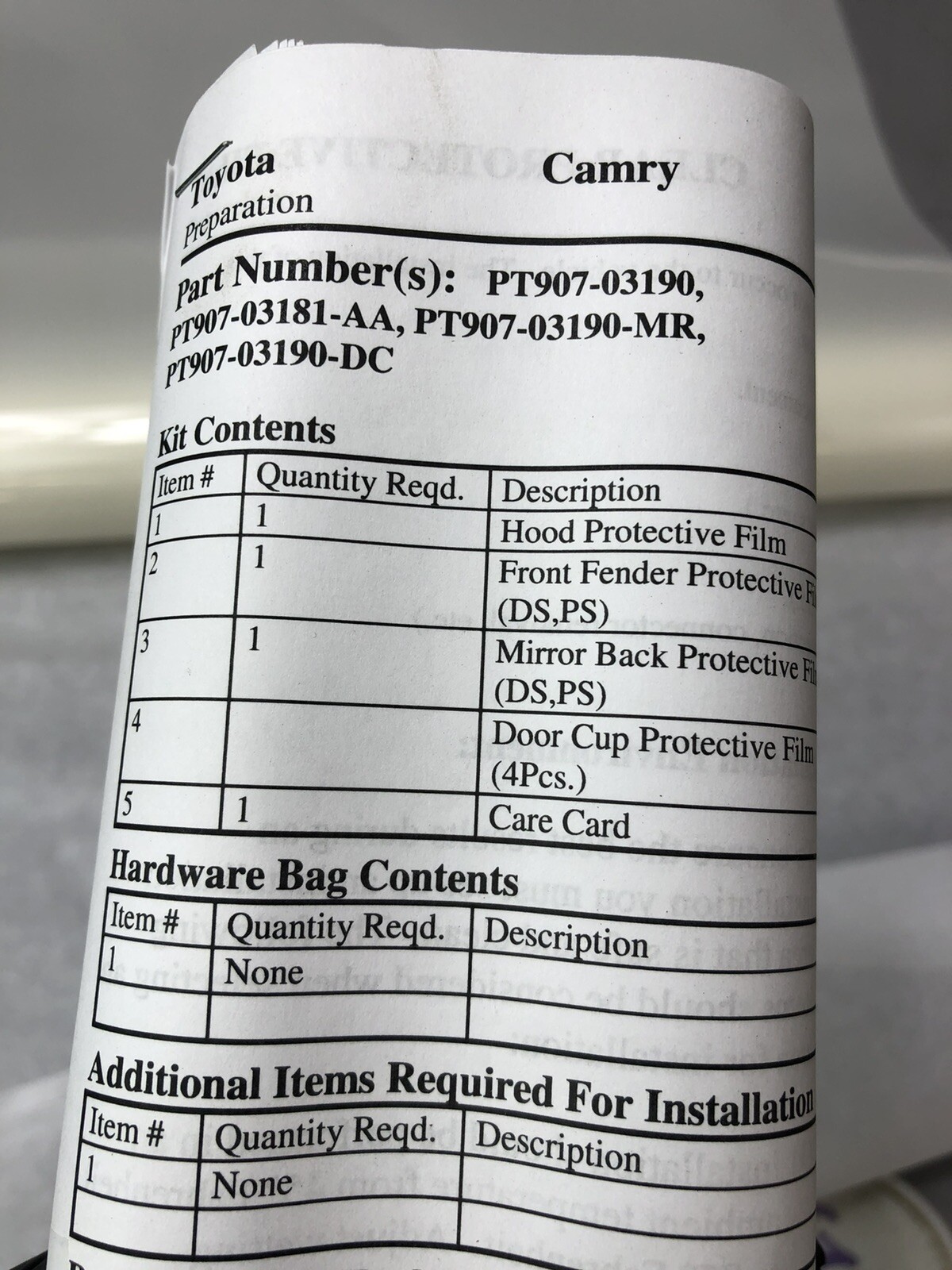 Toyota Camry 2019 Pain Protection Film- Hood, Fenders, Mirror Backs And Door Cup