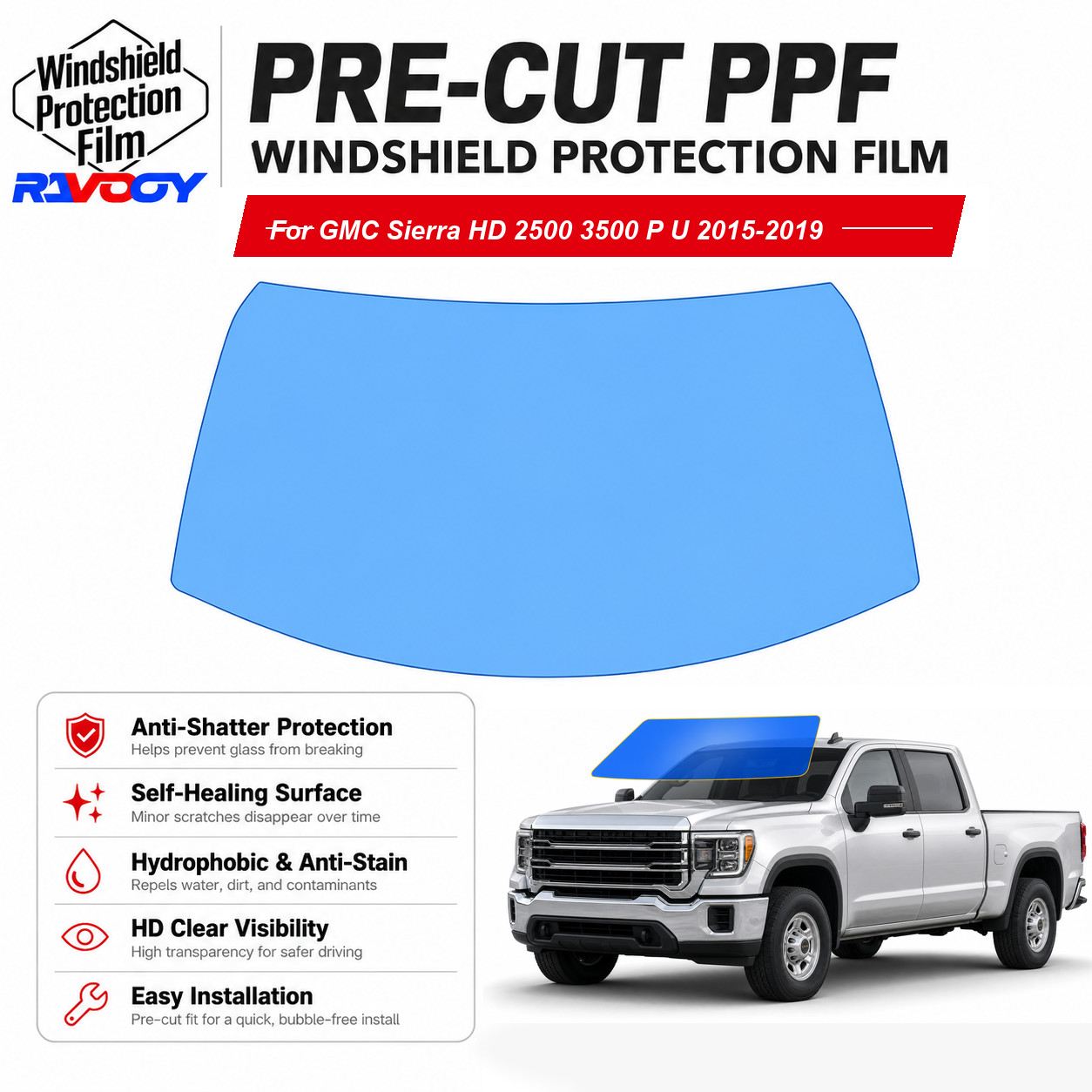 PreCut Windshield Film Clear Bra For GMC Sierra HD 2500 3500 2015-2019