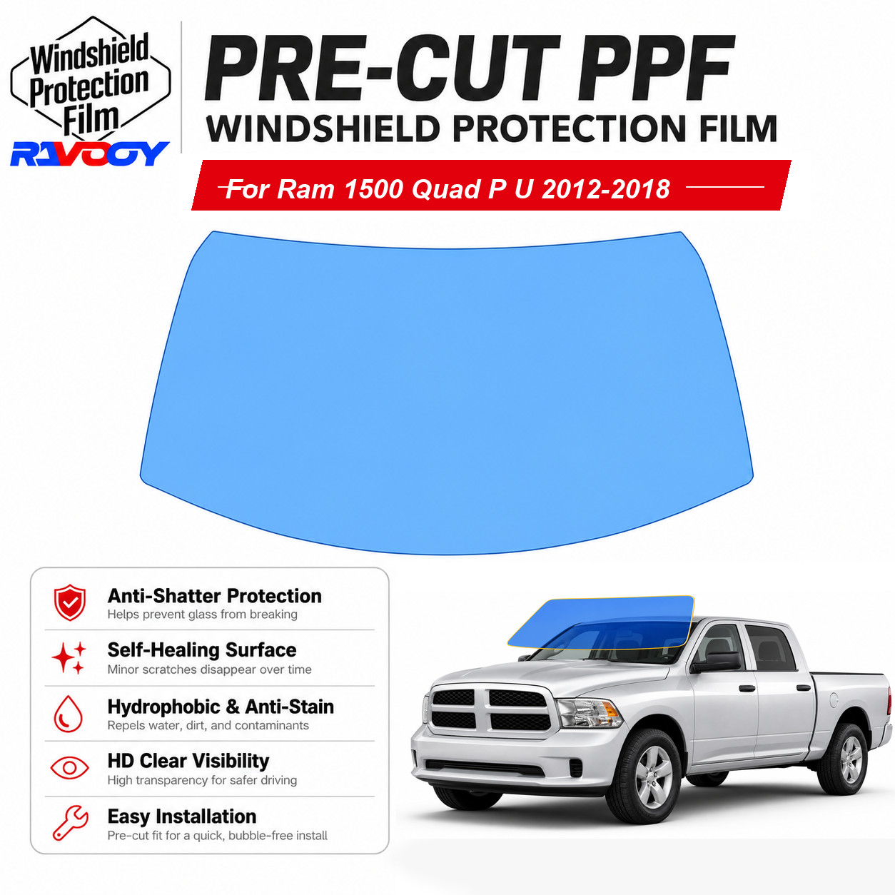 PreCut Front Windshield Protection Film Clear Bra For Ram 1500 2012-2018