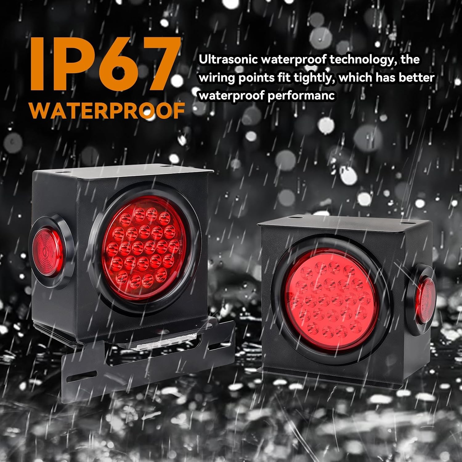 12V Square LED Trailer Light Steel Housing Kit, 2PCS IP67 Red Waterproof Stop Br