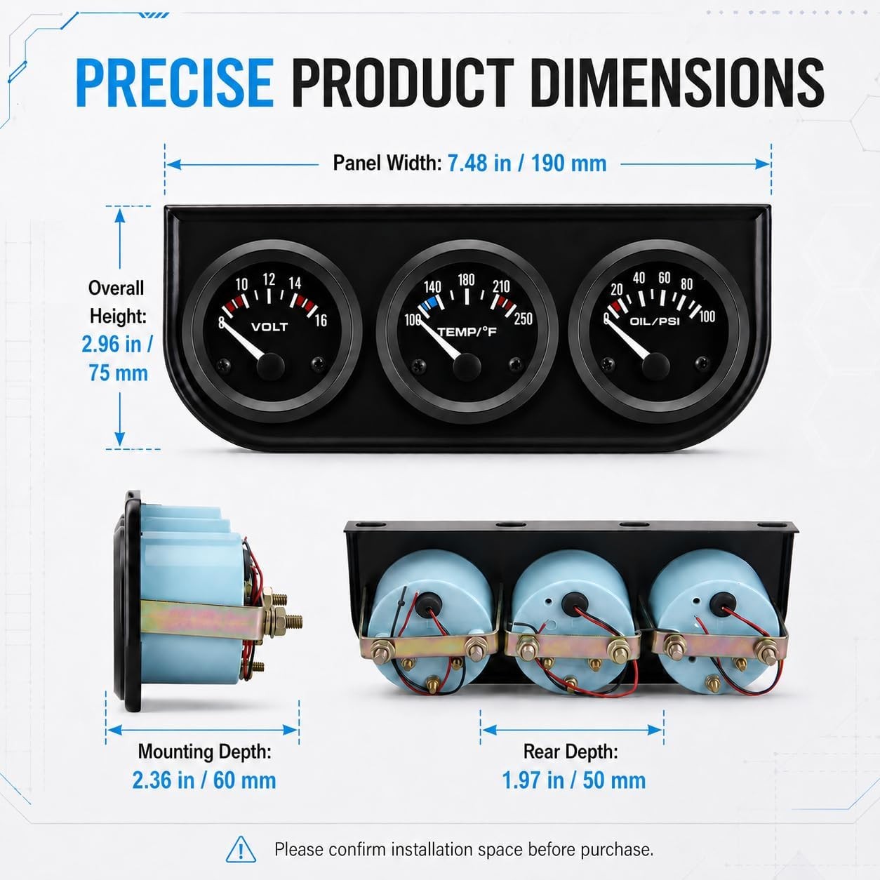 2 52mm Triple Gauge Set: Oil Pressure, Water Temperature, and Voltmeter 12V Car