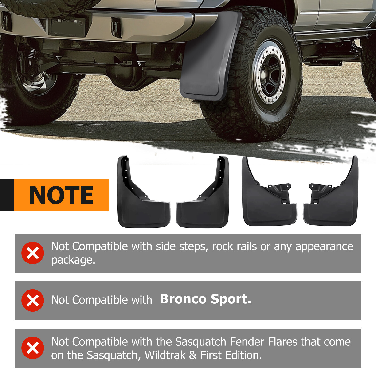 4Pcs Black PP Front & Rear Mud Flaps Splash Guards For Ford Bronco 2021-2024 New