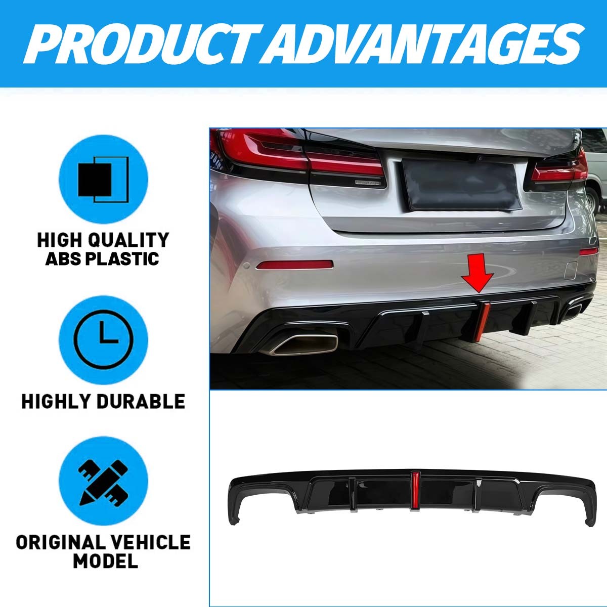 For BMW 5 Series G30 LCI 2021-23 Rear Bumper Diffuser Lip Splitter w/ LED light