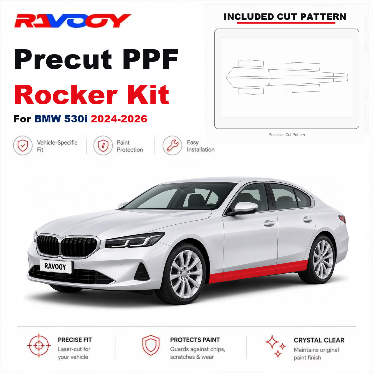 Precut PPF Rocker Panel Kit Clear Bra 8.5mil TPU For 2024-2026 BMW 530i