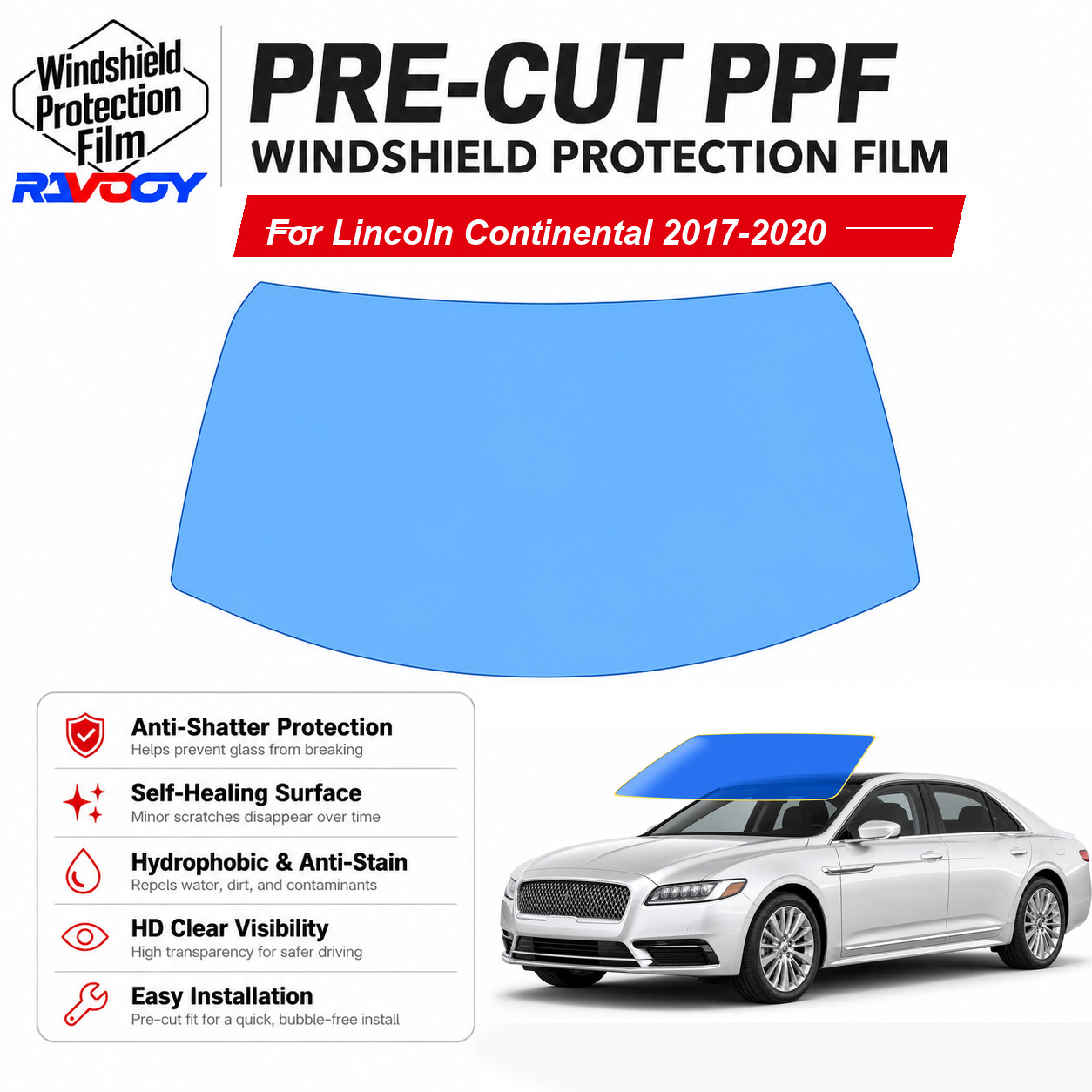 PreCut Windshield Protection Film Clear Bra For Lincoln Continental 2017-2020