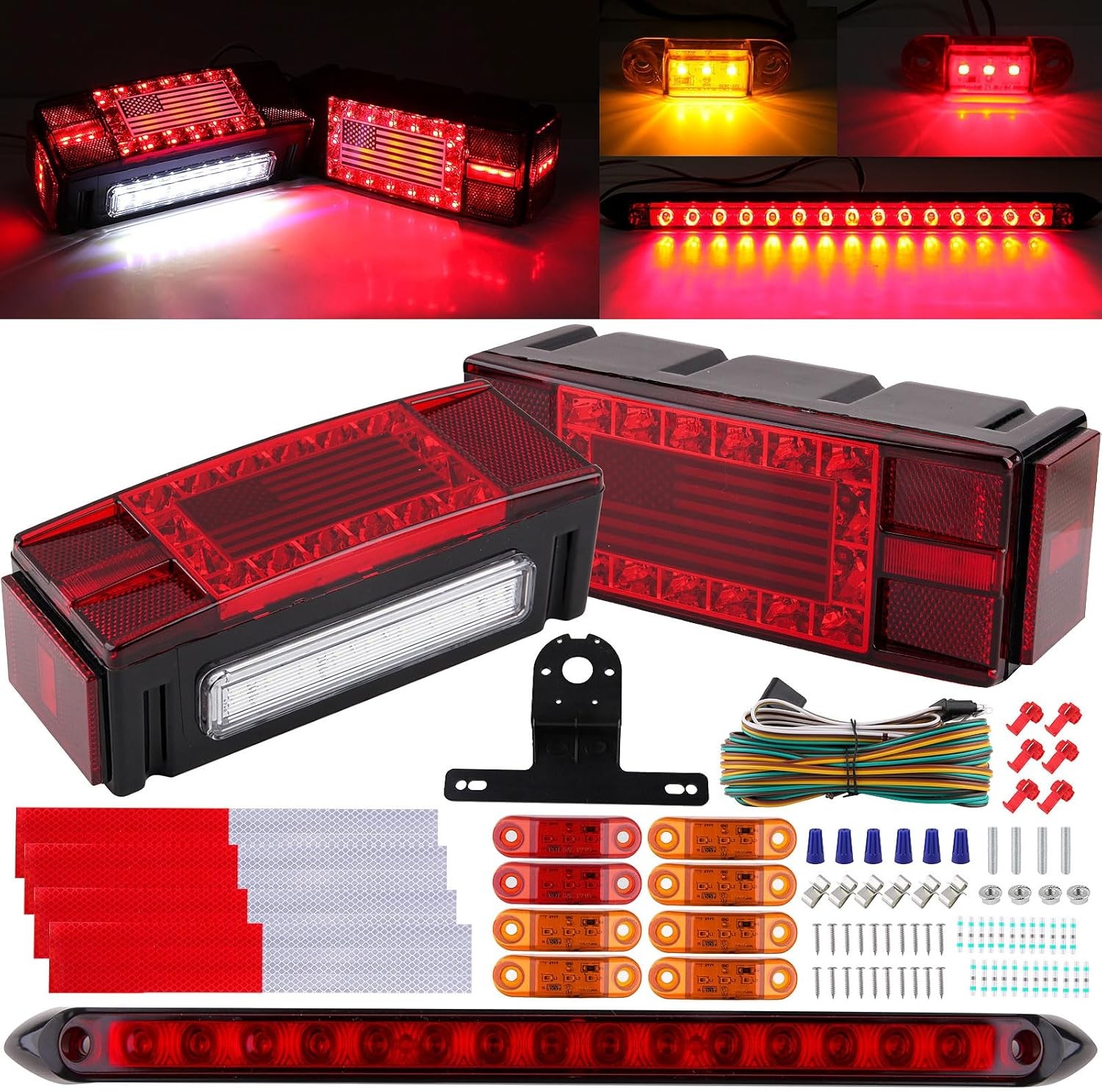 LED Trailer Light Kit 12V, Rectangular Brake Stop Turn Tail License Plate Lights