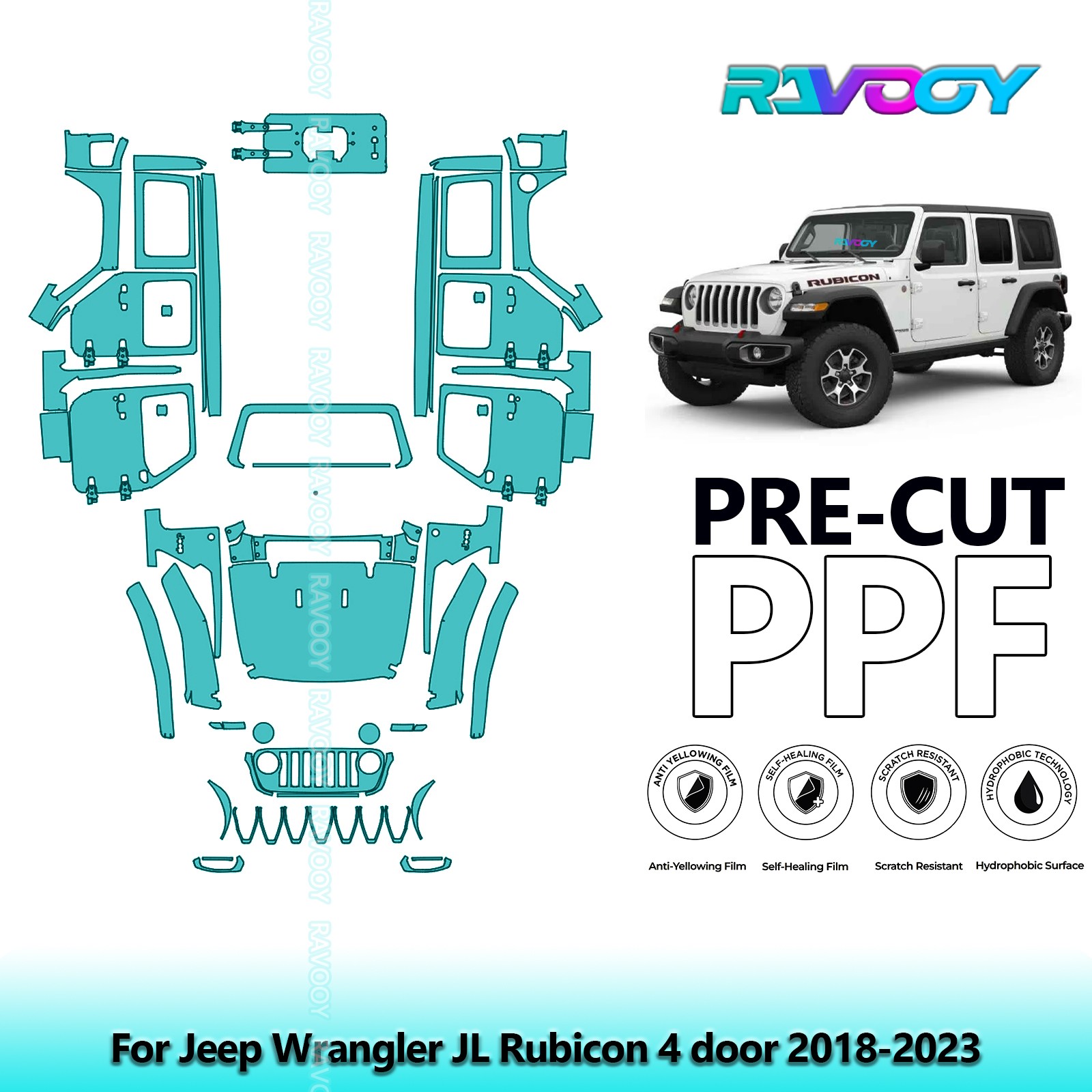 PreCut Paint Protection PPF Kit For Jeep Wrangler JL Rubicon 4 door 2018-2023