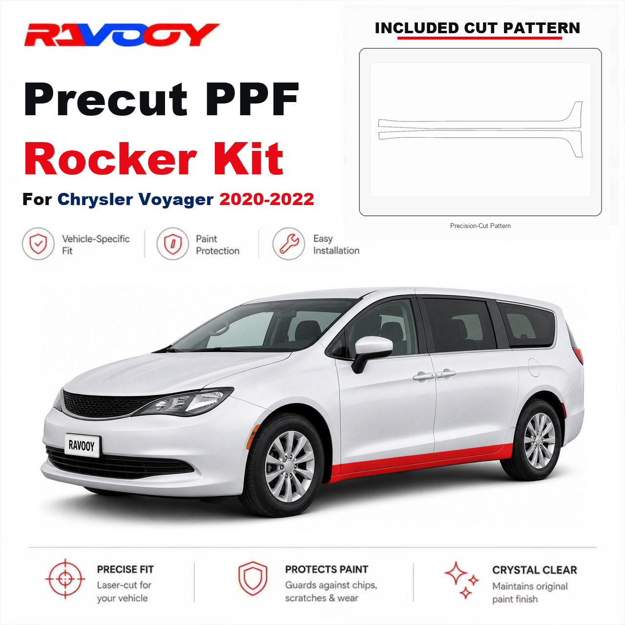 Precut PPF Rocker Panel Kit Clear Bra 8.5mil TPU For 2020-2022 Chrysler Voyager