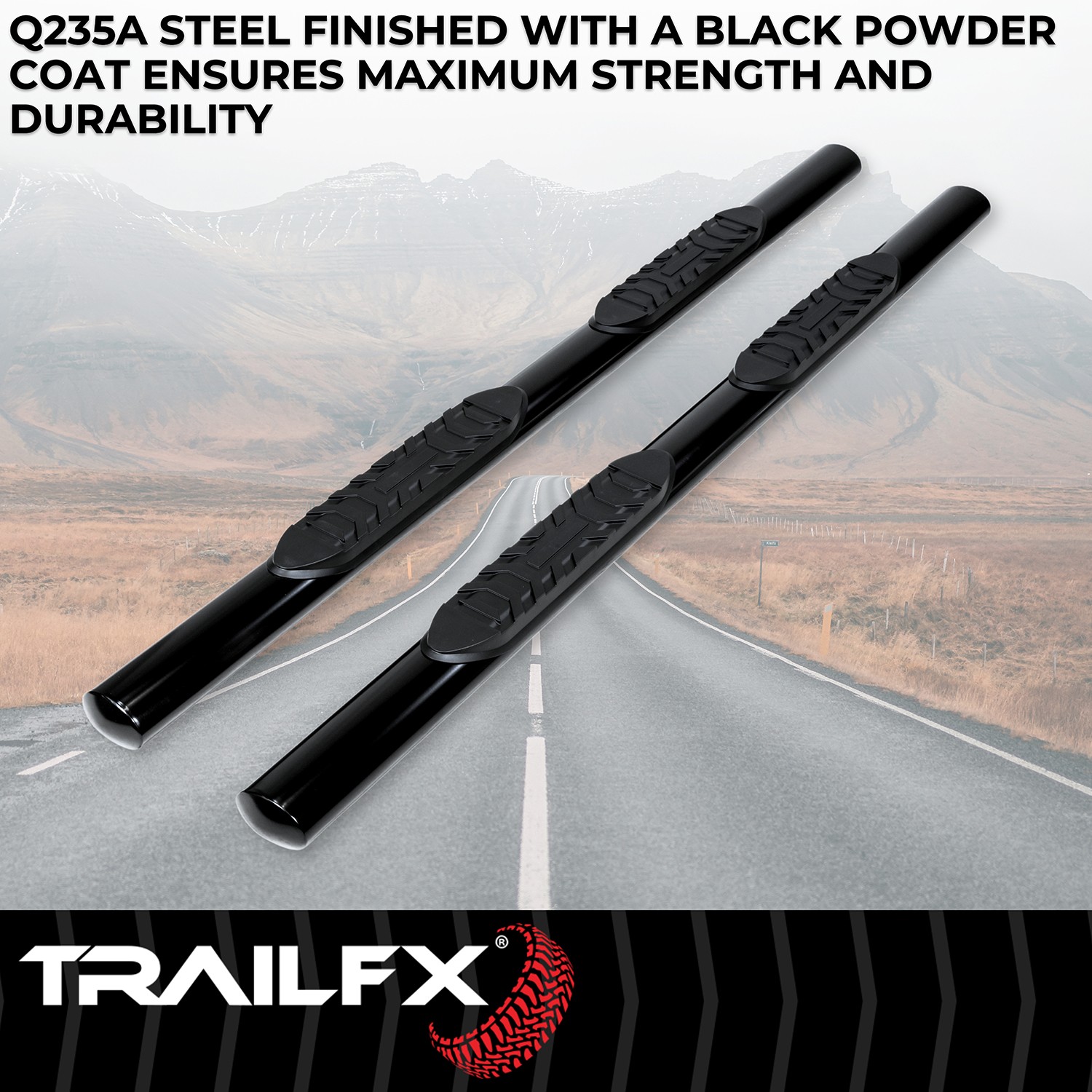 TrailFX A1527B 4″ Oval Straight Nerf Bar Black Mild Steel Rocker Panel Mount