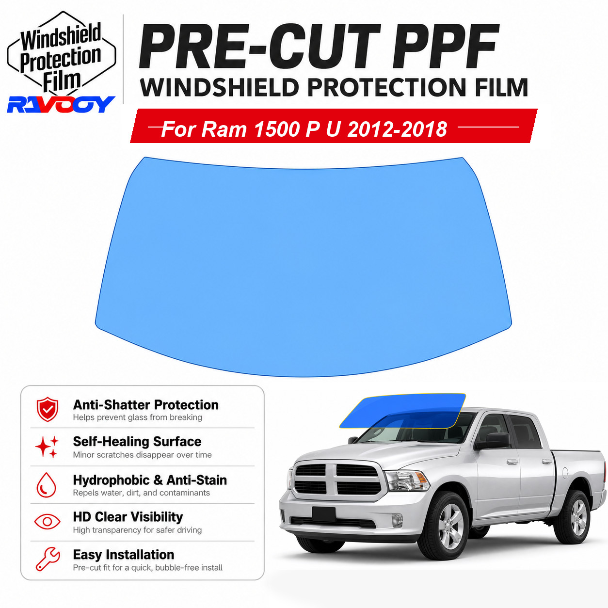 PreCut Front Windshield Protection Film Clear Bra For Ram 1500 2012-2018