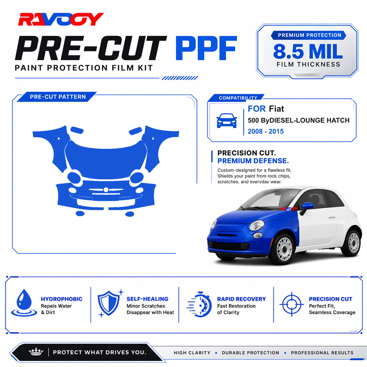 Precut PPF Clear Bra Kit For Fiat 500 ByDIESEL-LOUNGE HATCH 2008-2015