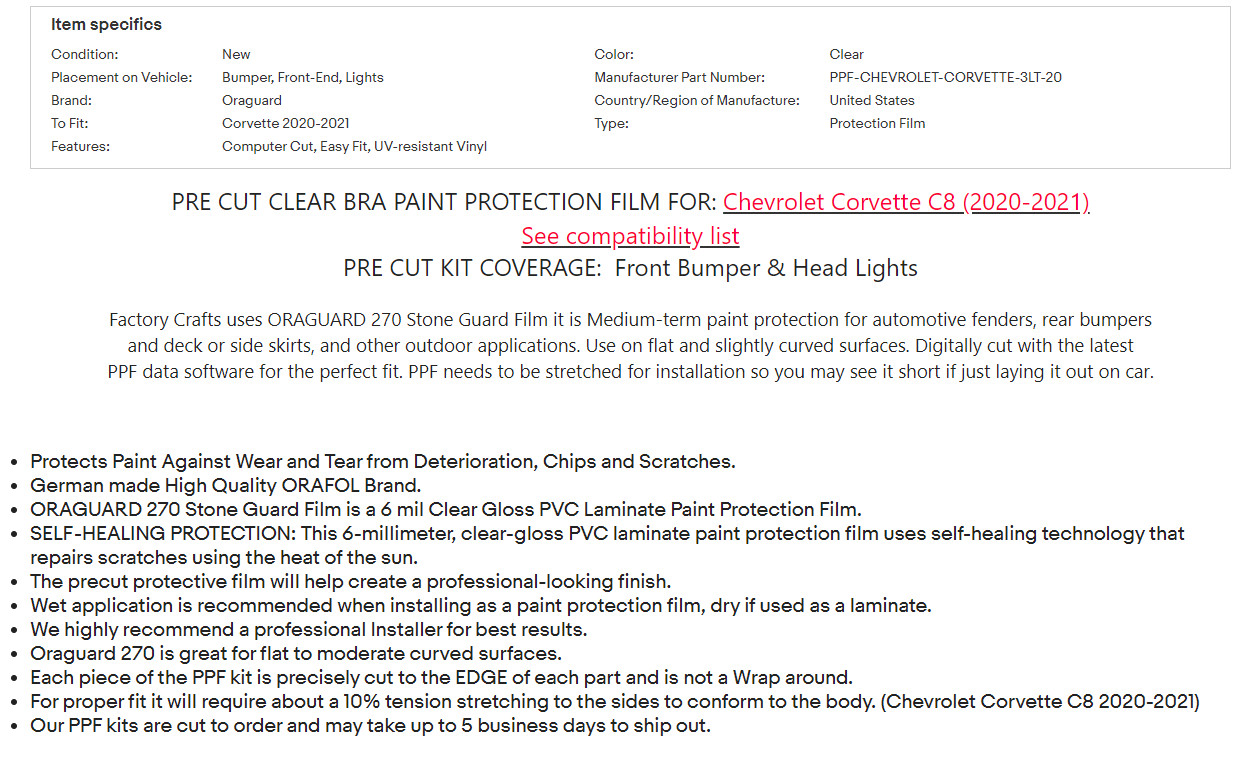Stone Guard Paint Protection Film Clear Bra PPF For Corvette C8 20-21 FBLK