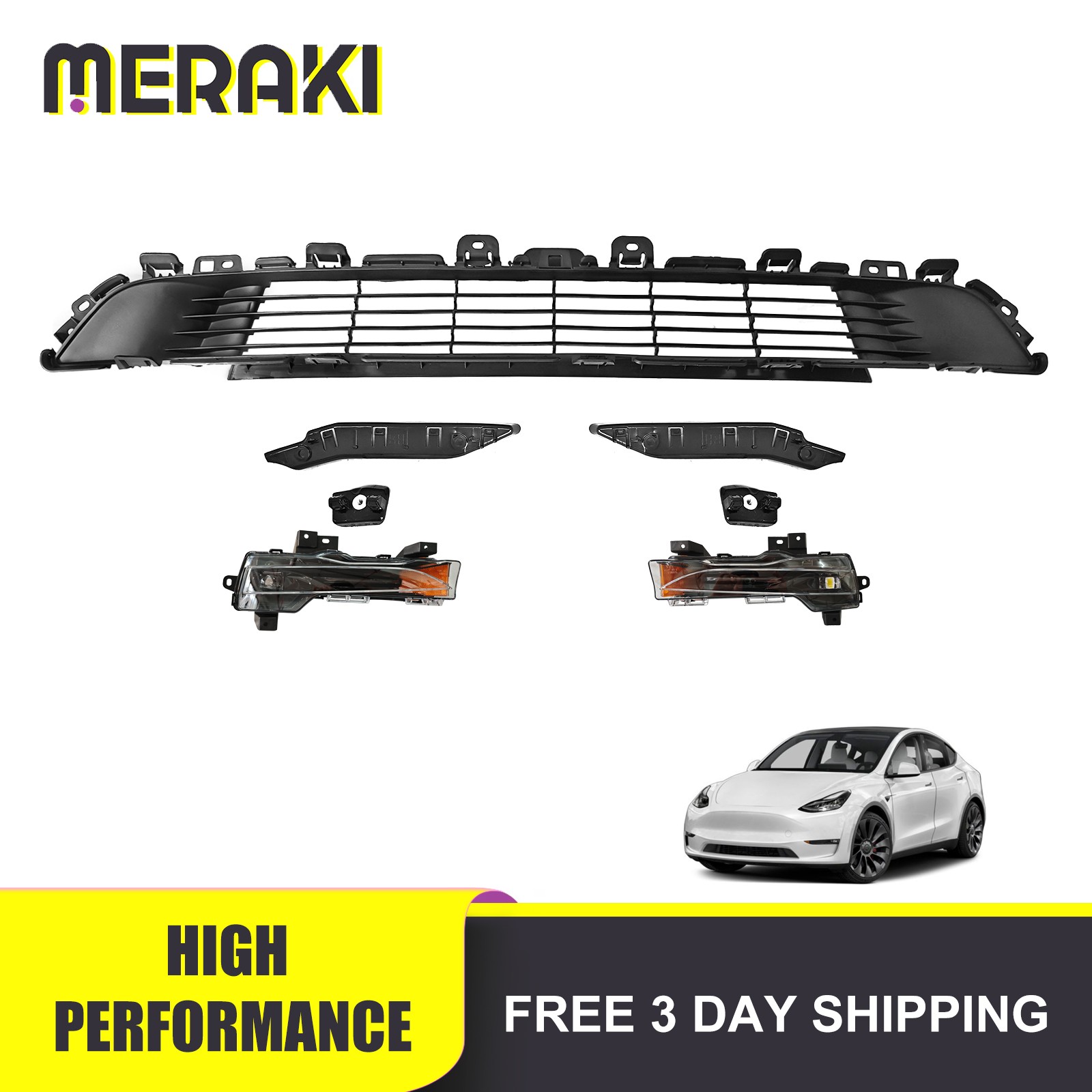 For 2020-2024 Tesla Model Y Front Bumper Lower Grille & Fog Lamp & Bracket Kit