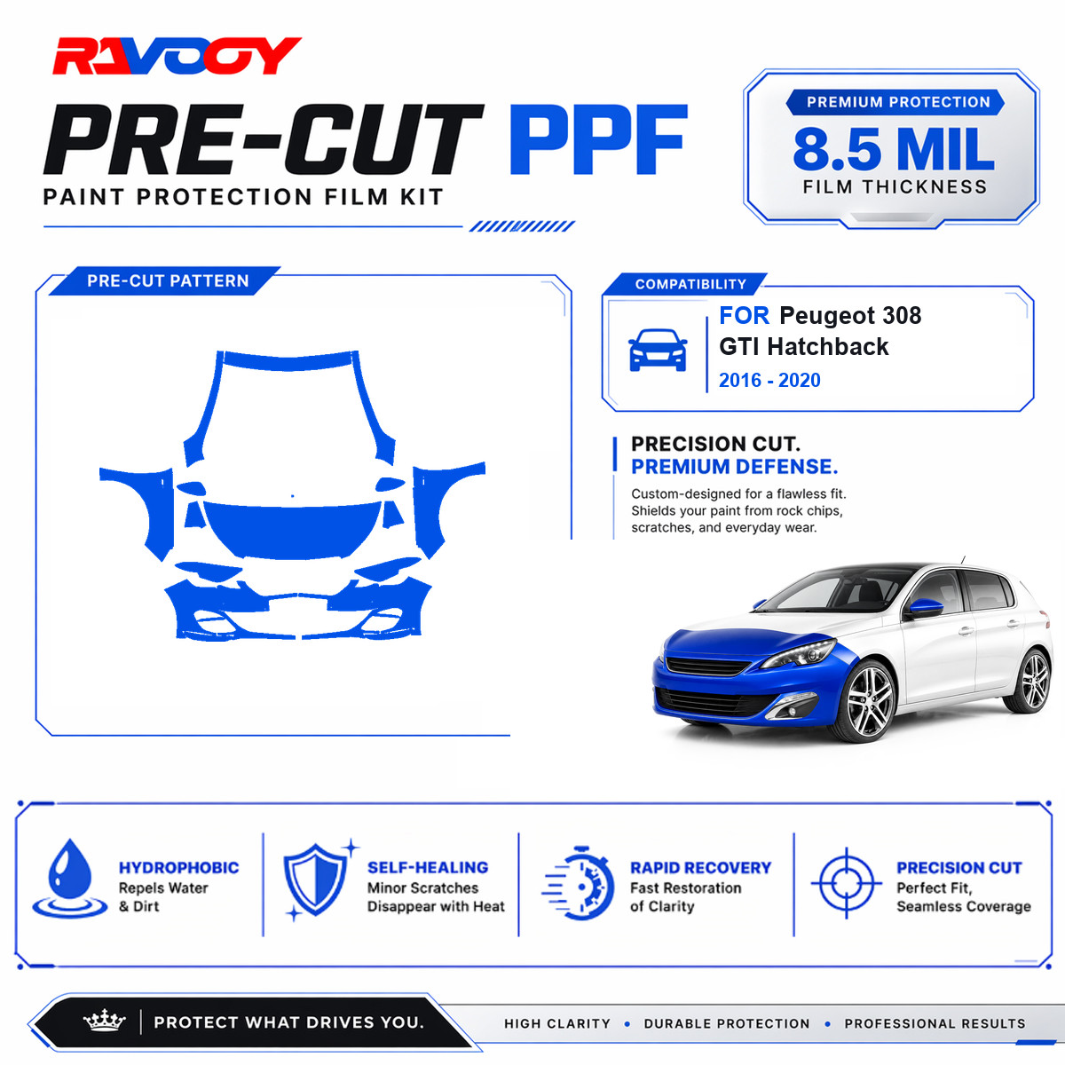 Precut PPF Front Kit Clear Bra TPU For 2016-2020 Peugeot 308 GTI Hatchback