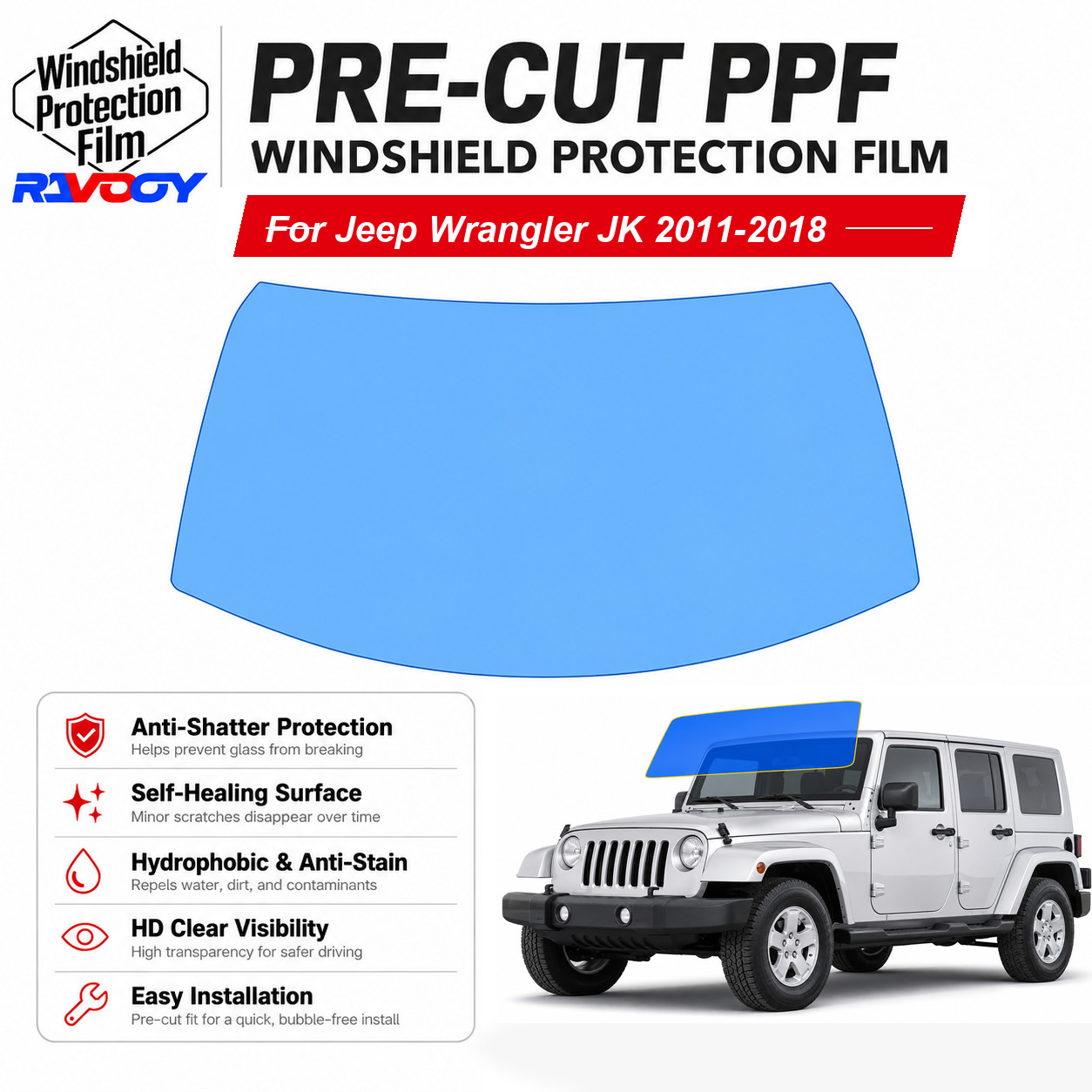 PreCut Front Windshield Protection Film Clear Bra For Jeep Wrangler JK 2011-2018