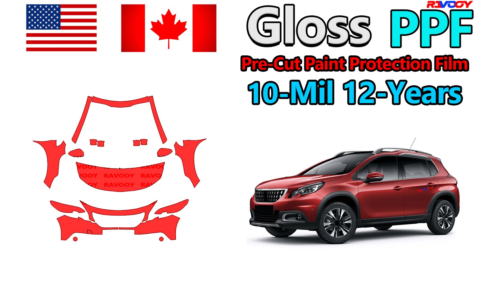 10mil Gloss PreCut PPF Paint Protection Film For Peugeot 2008 SE 2016-2020