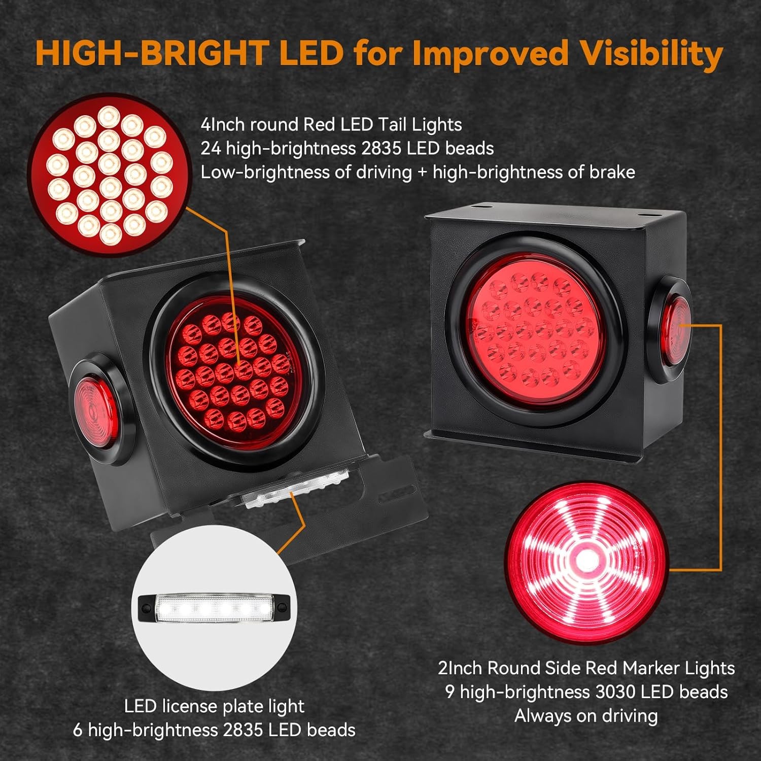 12V Square LED Trailer Light Steel Housing Kit, 2PCS IP67 Red Waterproof Stop Br