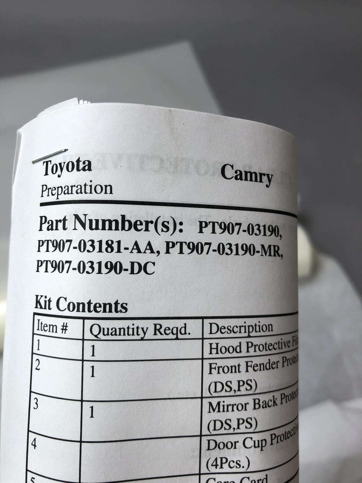 Toyota Camry 2019 Pain Protection Film- Hood, Fenders, Mirror Backs And Door Cup