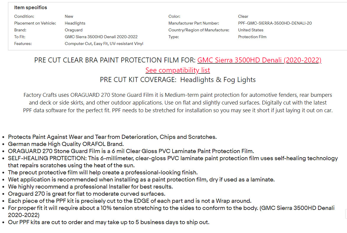 Stone Guard Protection Film Clear Bra PPF For GMC Sierra 3500HD Denali 20-22 HL