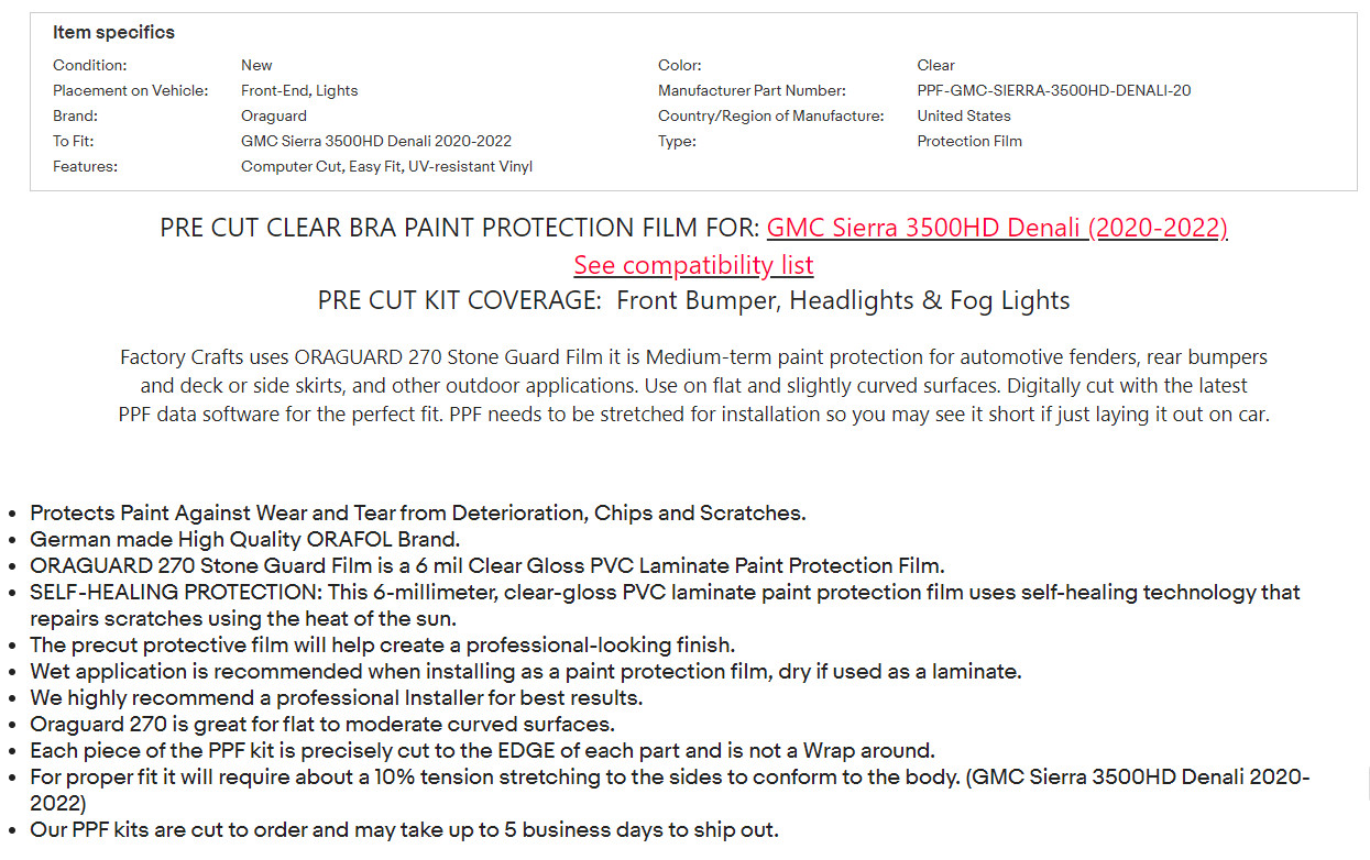 Stone Guard Protection Film Clear Bra PPF For GMC Sierra 3500HD Denali 20-22 B-L