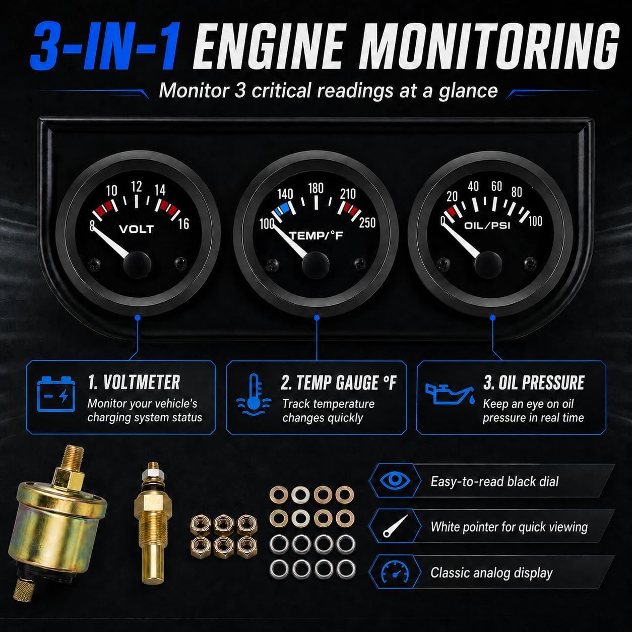 2 52mm Triple Gauge Set: Oil Pressure, Water Temperature, and Voltmeter 12V Car