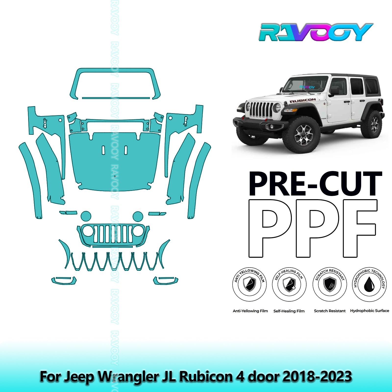 PreCut Paint Protection PPF Kit For Jeep Wrangler JL Rubicon 4 door 2018-2023