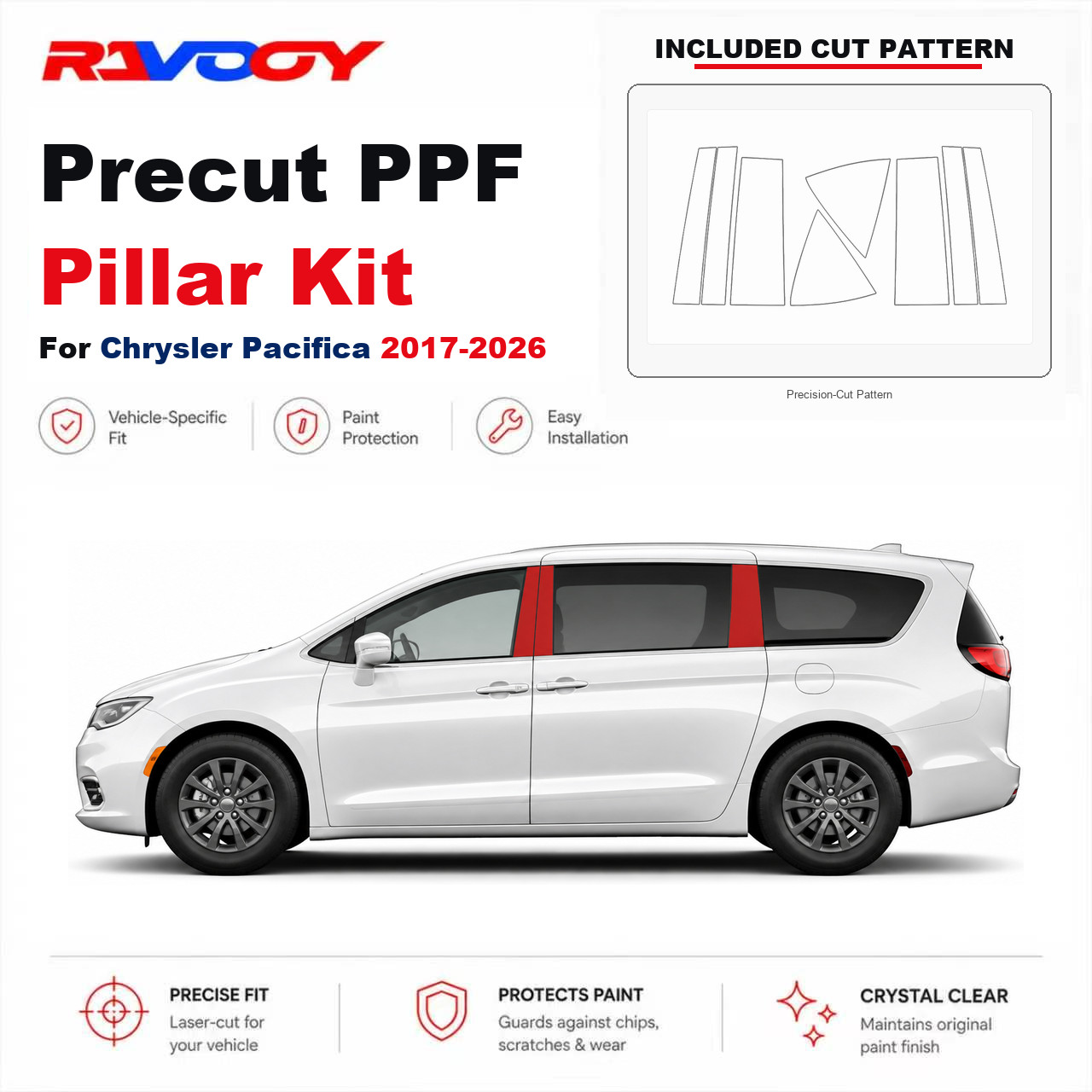 Precut PPF B Pillar Kit Clear Bra 8.5mil TPU For 2017-2026 Chrysler Pacifica